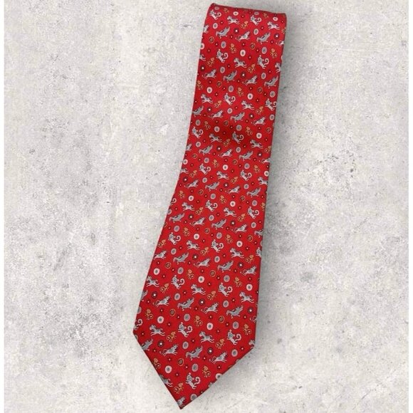 SALVATORE FERRAGAMO Silk Tie ITALY Red Gray Animals W:3.5